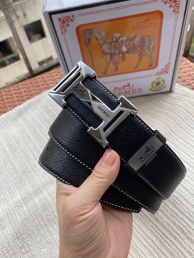 1:1  Hermes Black Leather Belt  with Silver"H" buckle Buckle with Unique Design 3.8cm